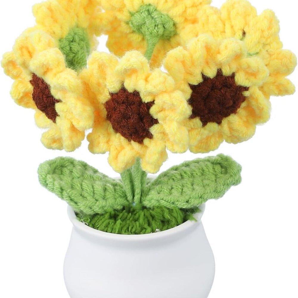 Crochet Flowers, 1 Pcs Knitting Crochet Flowers Six-Headed Sunflower Potted Plan